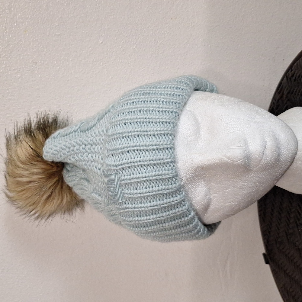 The North Face Light Blue Knit Pom-Pom Beanie
